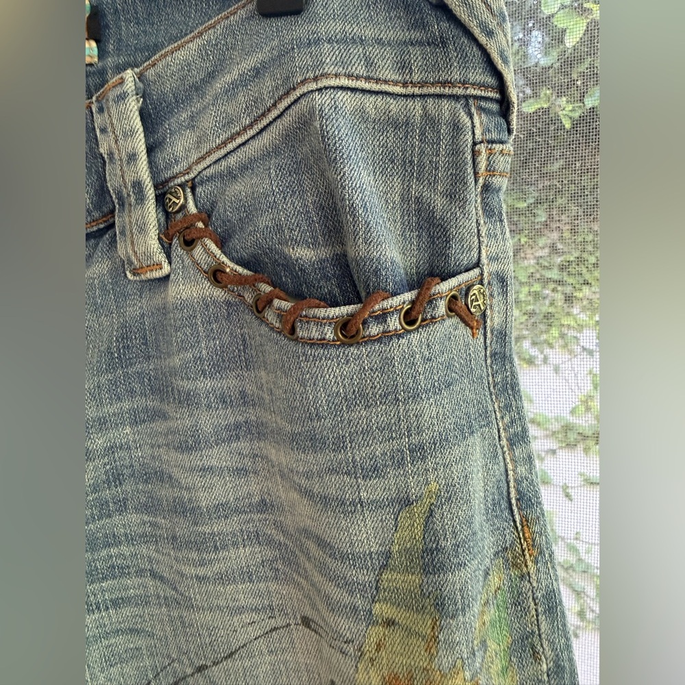 Vintage Y2K Allen B. By Allen Schwartz Watercolor Koi Fish Low Rise Flare Jeans - Picture 4 of 15